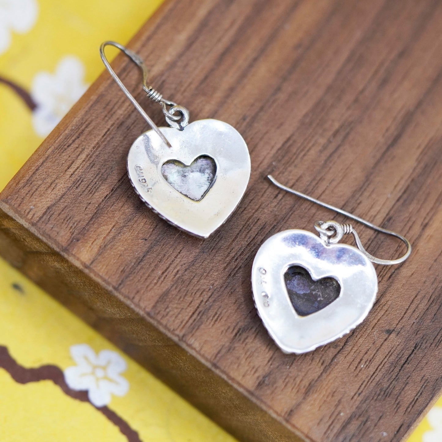 VTG Sterling 925 silver handmade earrings with heart mother of pearl and beads