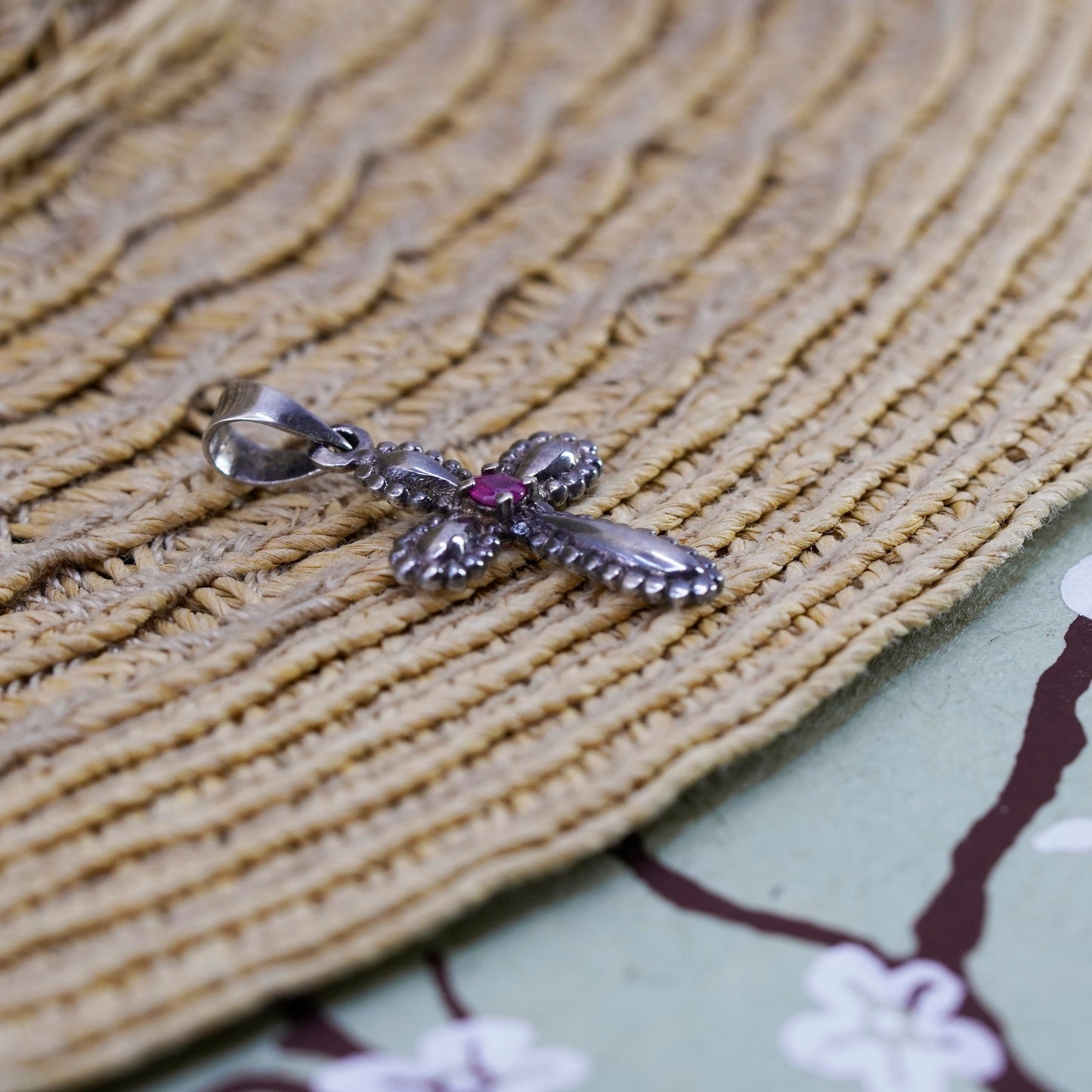 Vintage Sterling silver handmade pendant, 925 cross with ruby beads, Christian