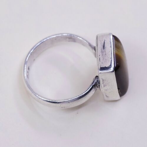 Sz 5.75, Vintage Handmade Sterling Silver Ring W/ Golden Tiger Eye, Stamped 925