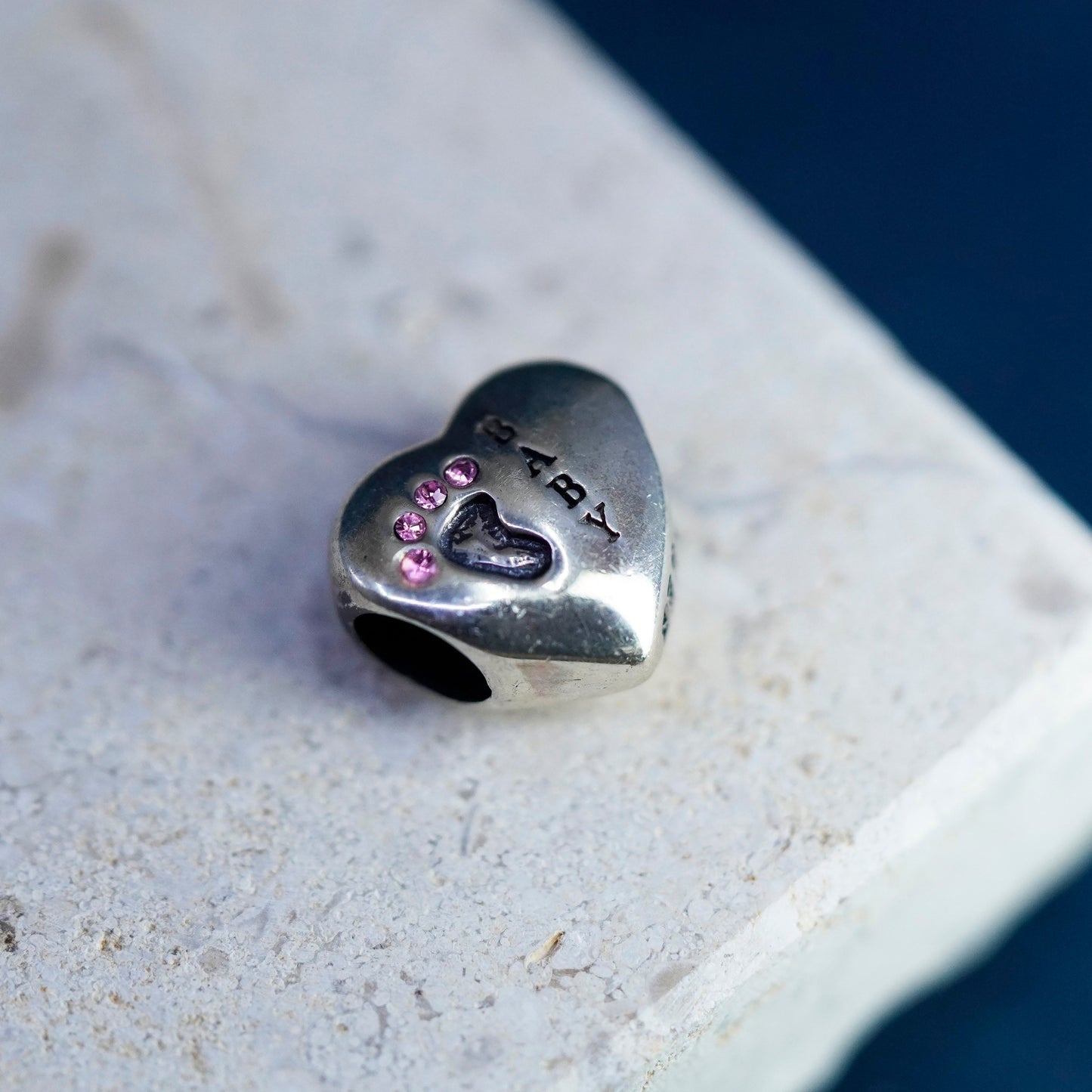 Vintage sterling silver handmade charm pendant, 925 heart bead embossed “baby”