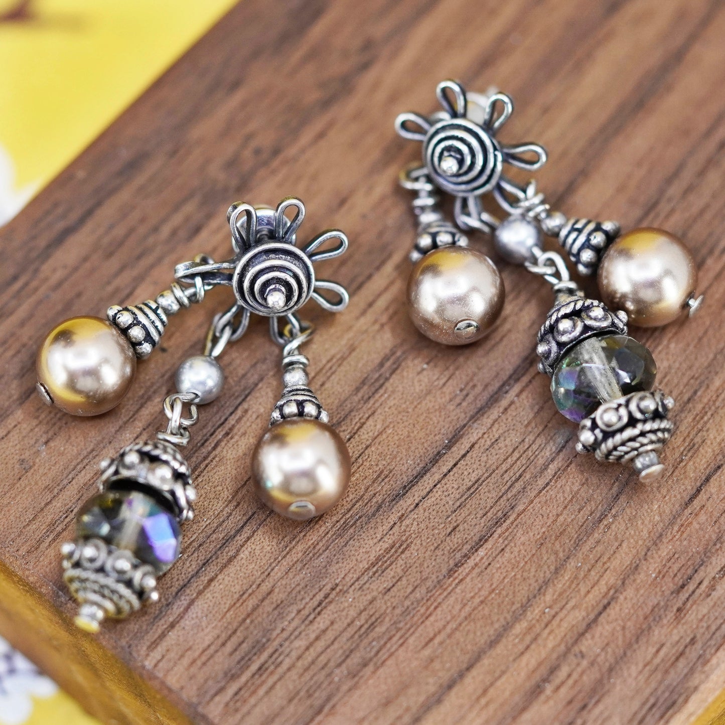 Sterling 925 silver handmade earrings with crystal and pearl details, dangle