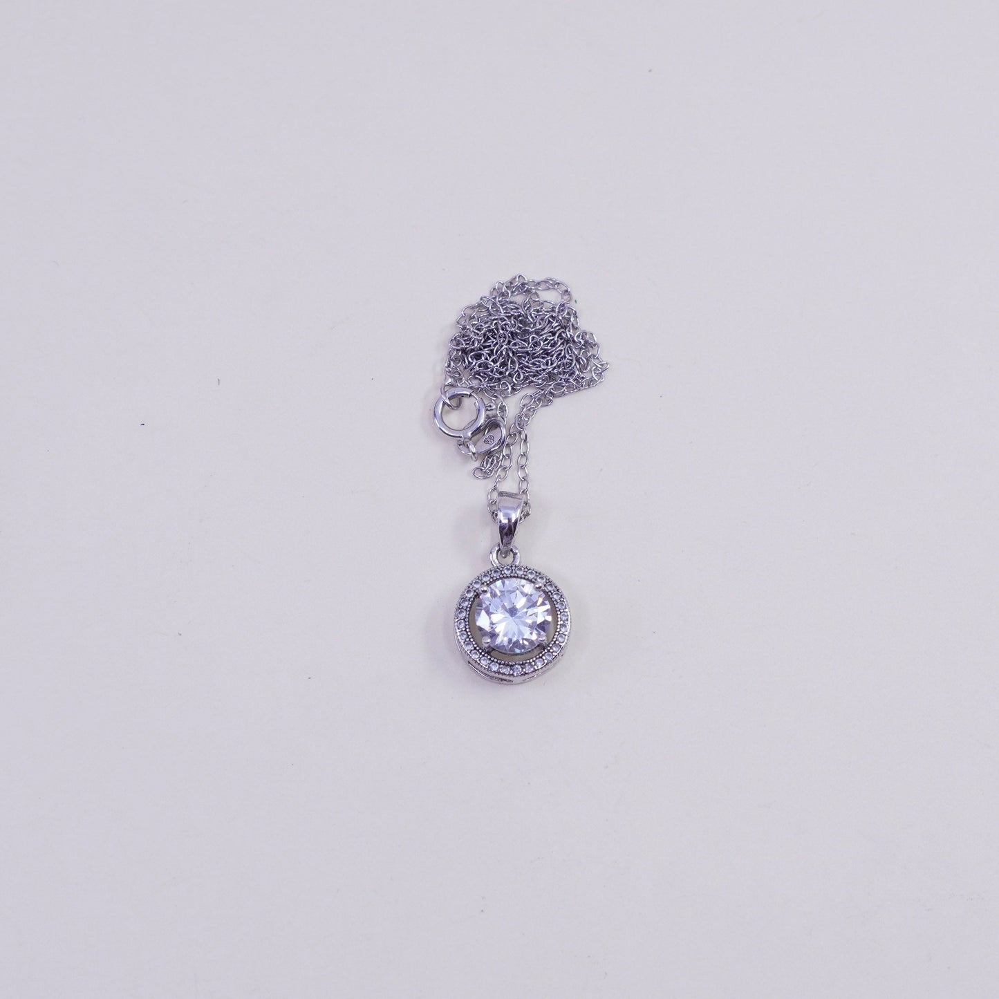 18”, vintage Sterling silver necklace, 925 circle chain with circle pendant Cz