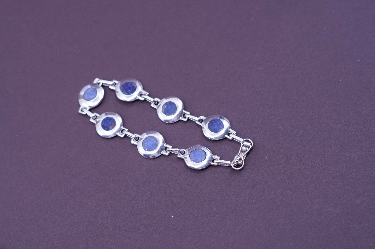 6.5”, vtg SW Sterling silver handmade bracelet, Mexico 950 disc with sodalite