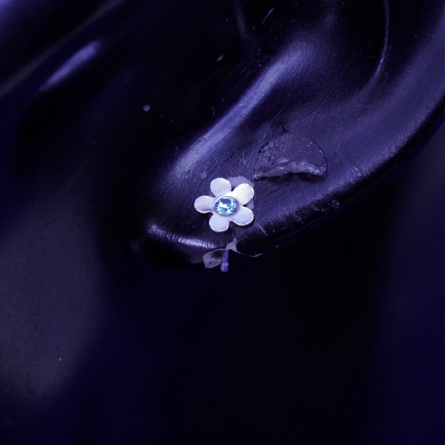 5mm, Vintage sterling silver handmade earrings, 925 flower studs with blue cz