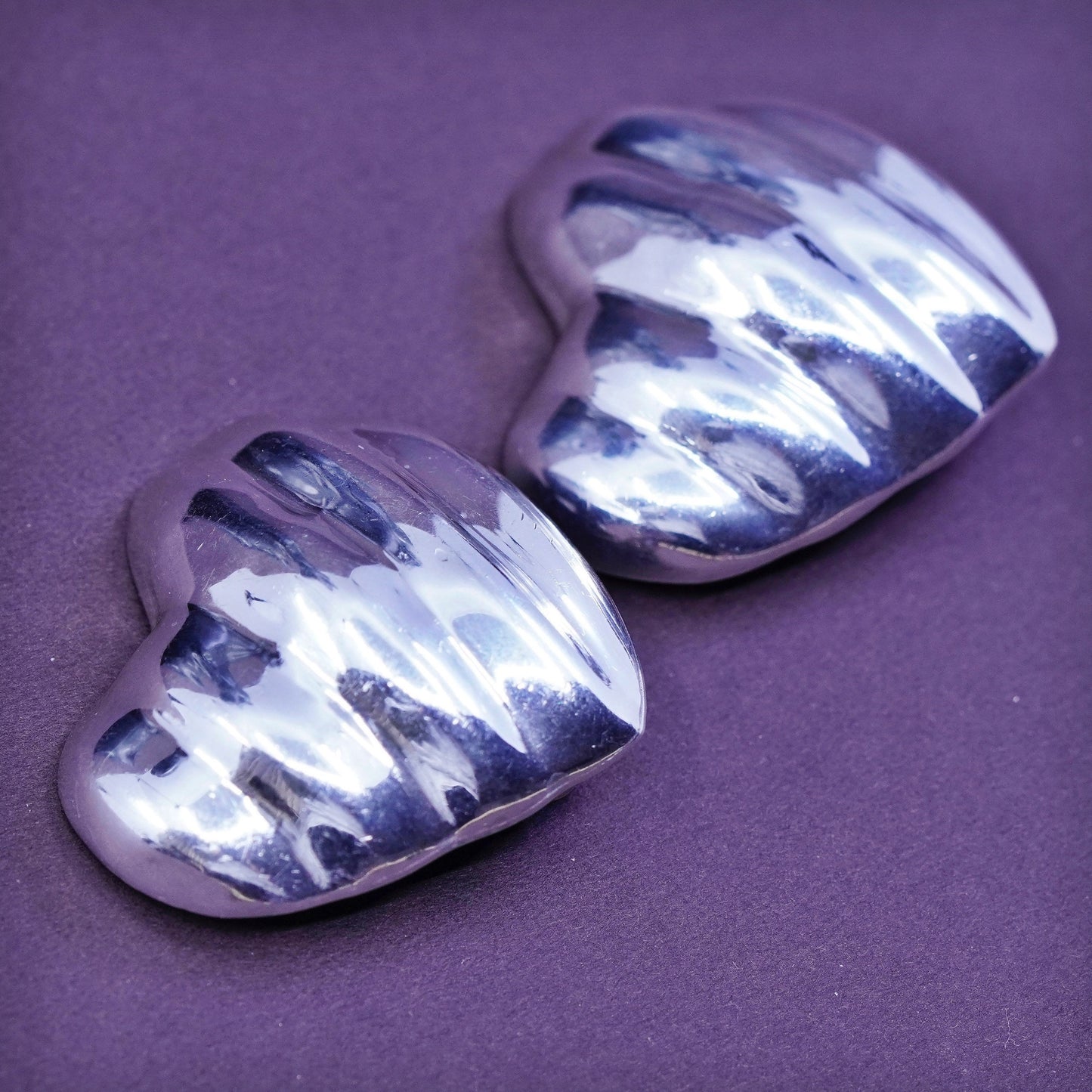 Vintage Sterling silver handmade earrings, solid 925 ribbed heart clip on