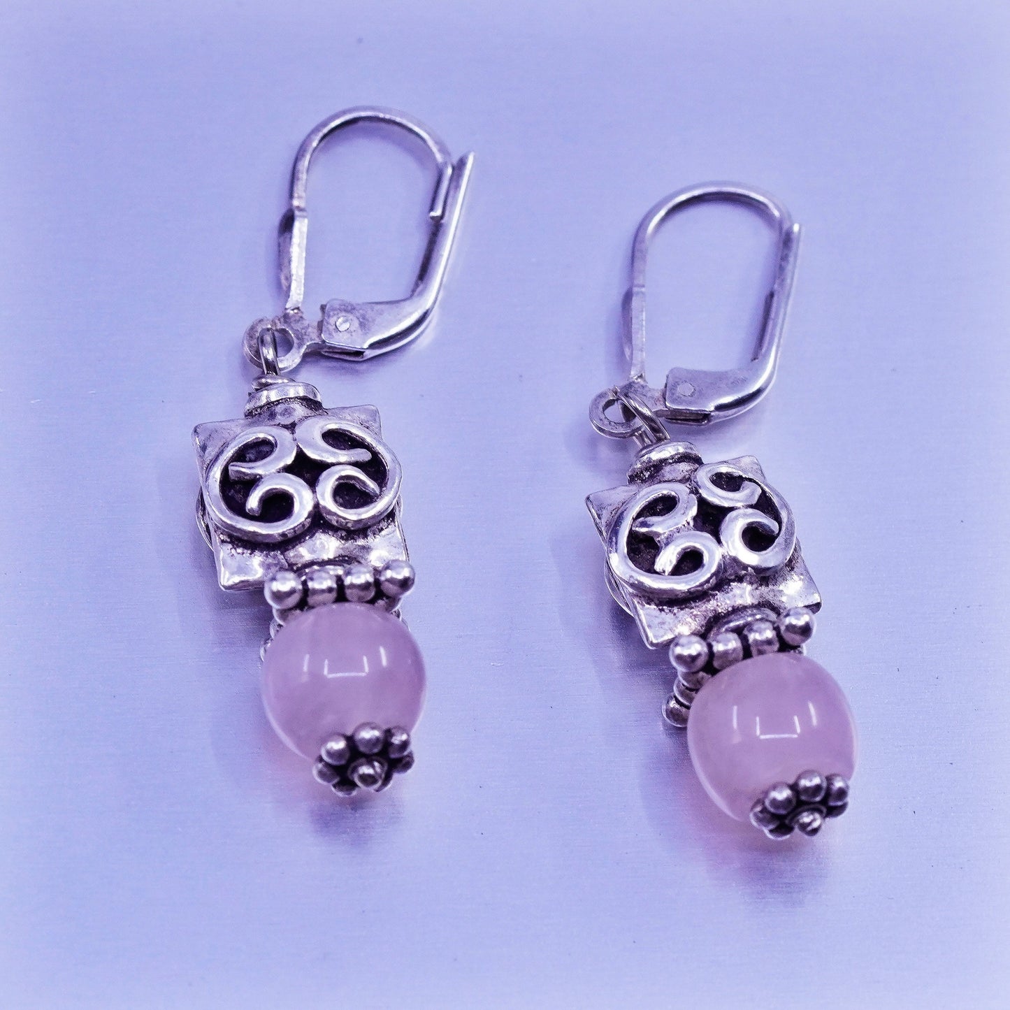 Vintage Sterling 925 silver handmade filigree earrings with pink rose quartz