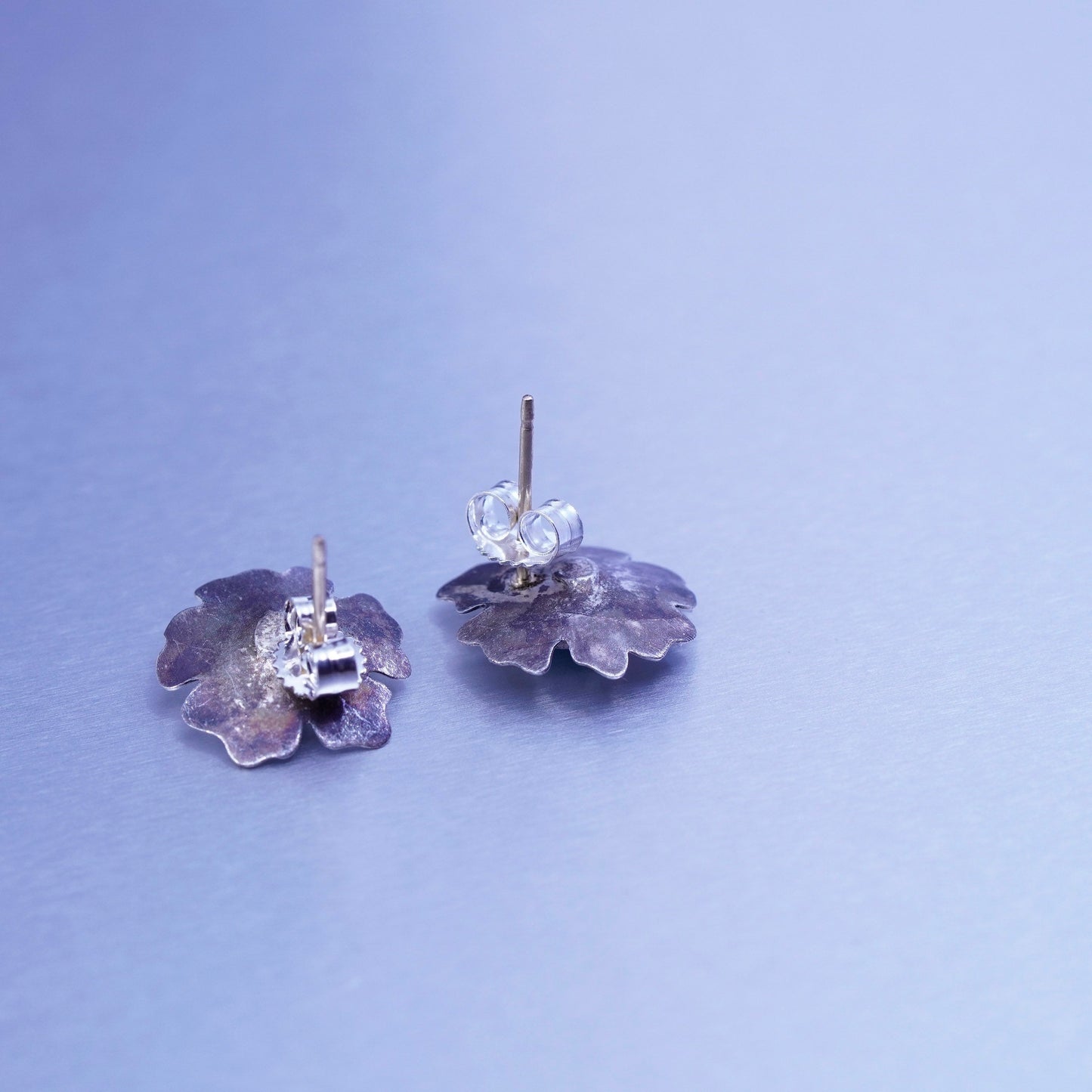 Sterling 925 silver handmade earrings 14K gold posts, flower studs blue Crystal