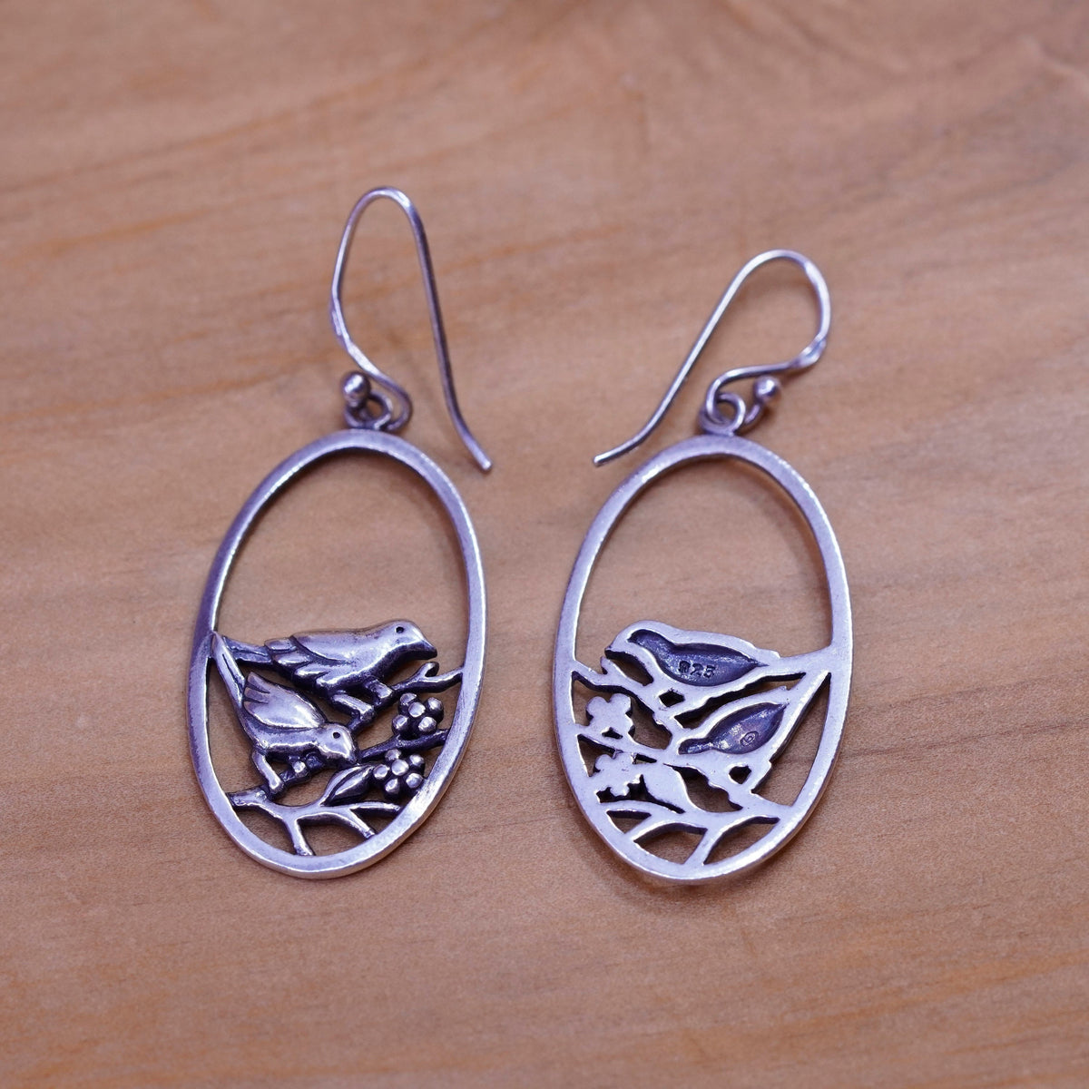 Vintage Sterling silver handmade earrings, 925 birds on branch