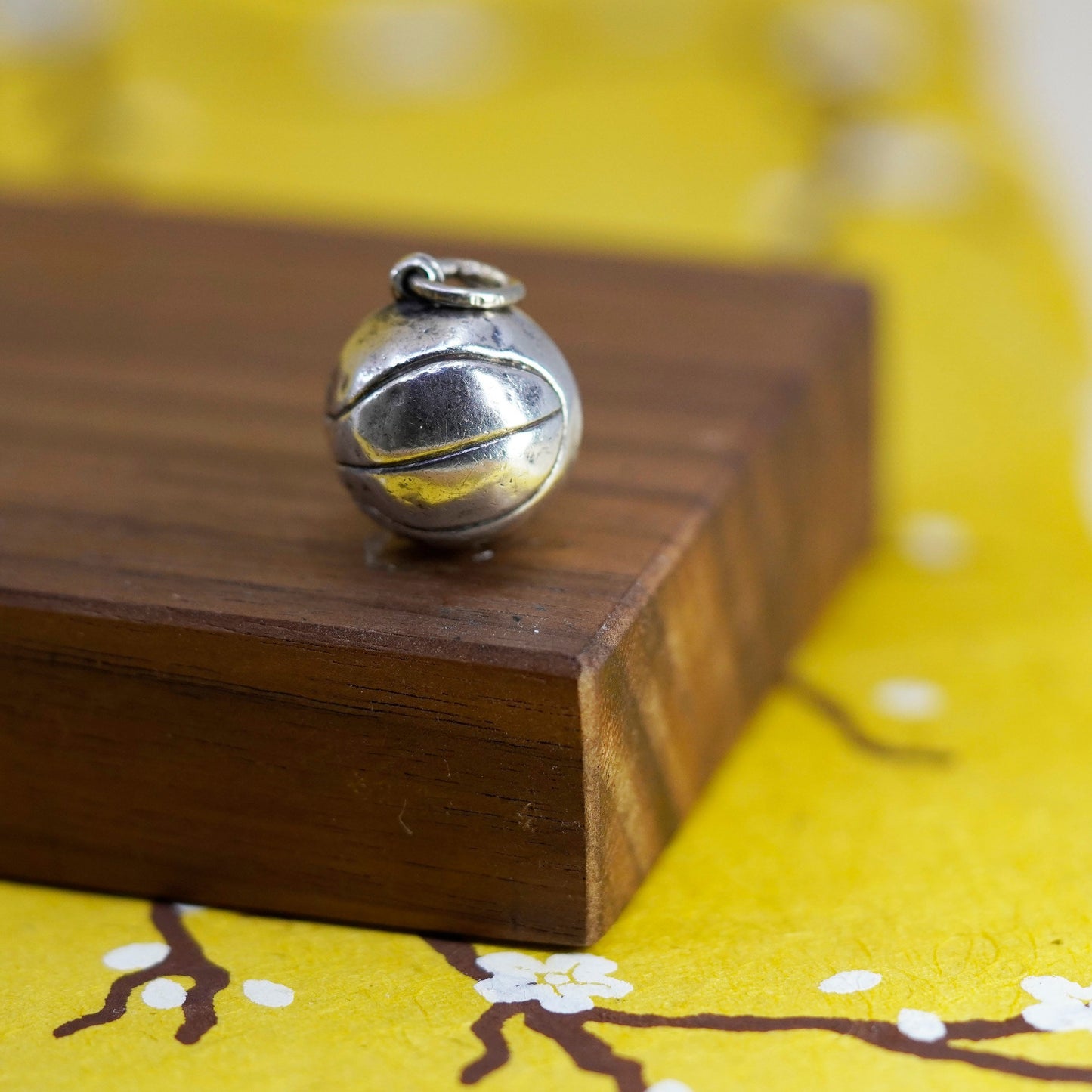 Vintage Sterling silver handmade ball charm, 925 basketball pendant