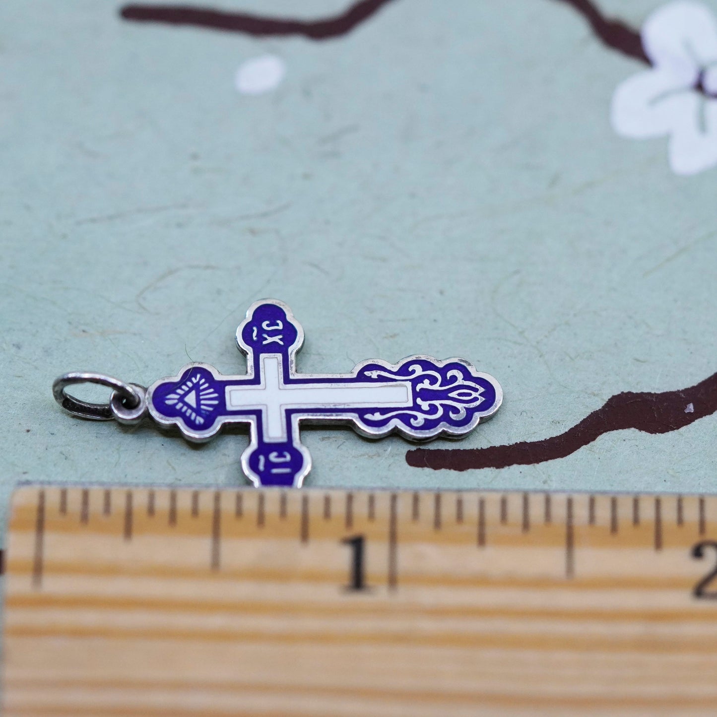 Vintage Sterling 925 silver handmade cross pendant with blue enamel
