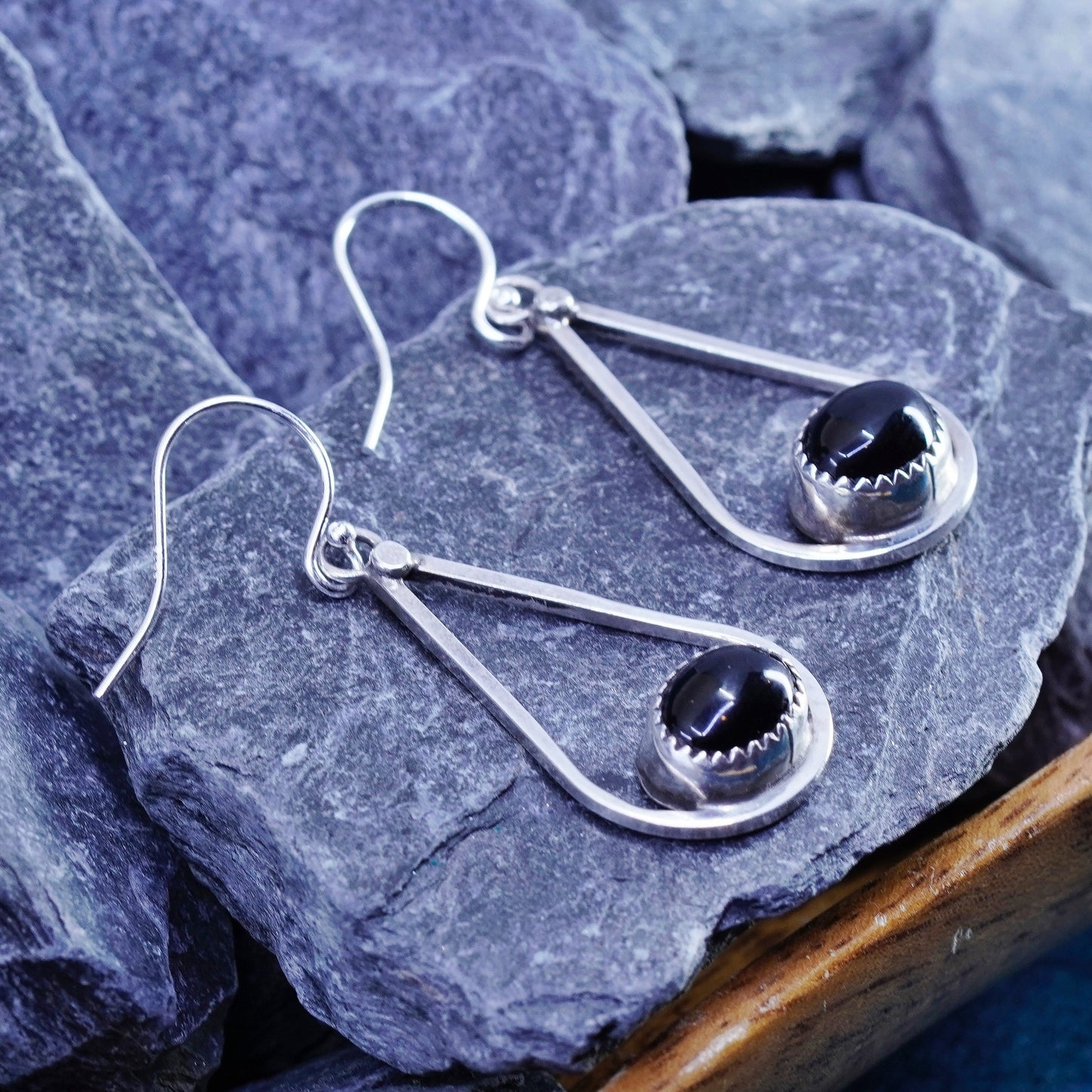 Native American AMB sterling 925 silver handmade teardrop earrings w/ obsidian