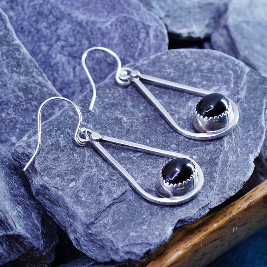 Native American AMB sterling 925 silver handmade teardrop earrings w/ obsidian