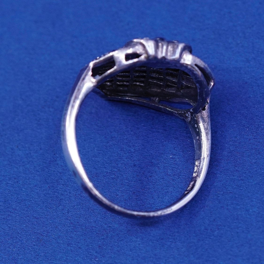 sz 8.25, vtg Sterling silver handmade ring, 925 flower w/ marcasite