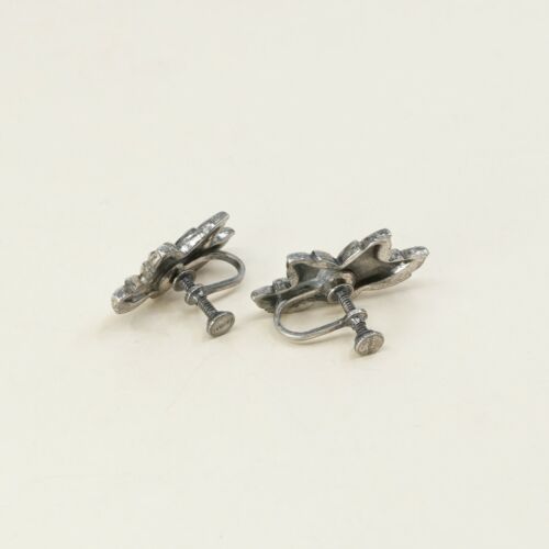 Vtg Sterling 925 Silver Handmade Screw Back Earrings Flower Leaves Wings