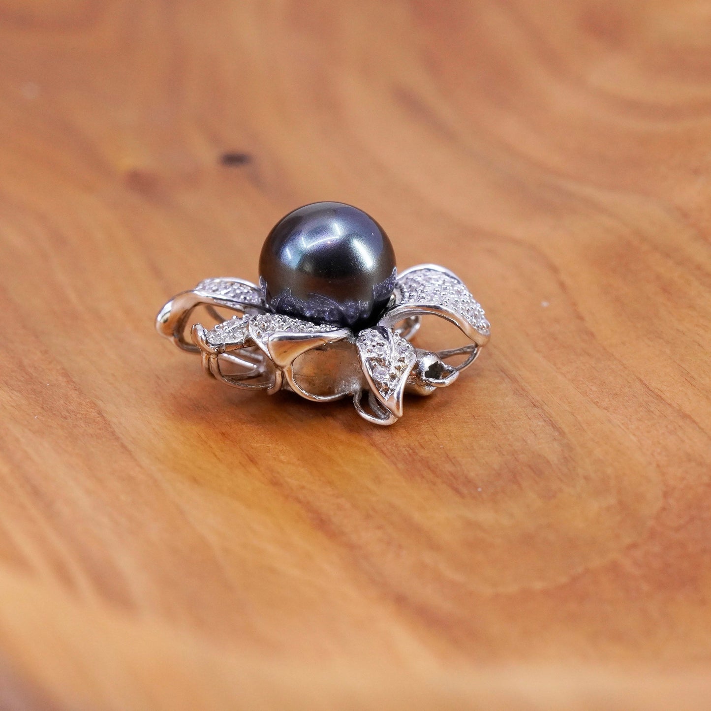 Vintage M&N Sterling silver handmade pendant, 925 flower black pearl cluster cz