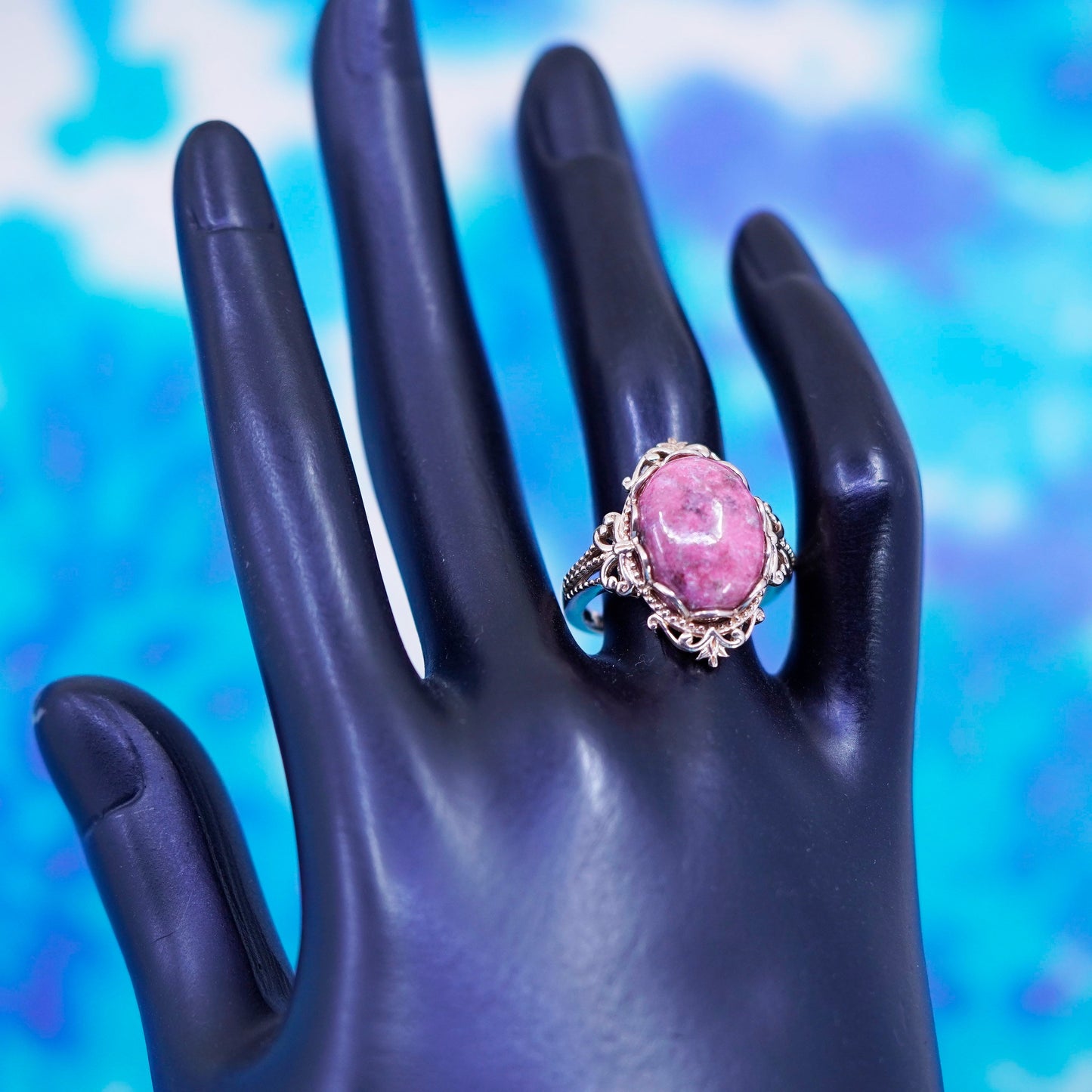 Size 7.25 vintage vermeil rose gold sterling silver filigree ring pink jasper