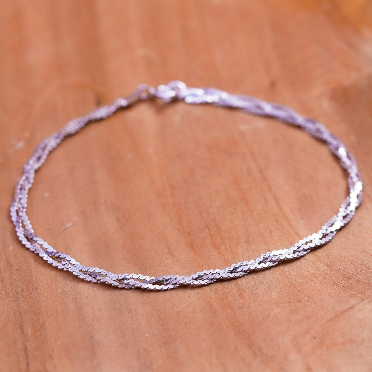 7”, 3mm, Vintage Sterling silver braided woven s link herringbone bracelet