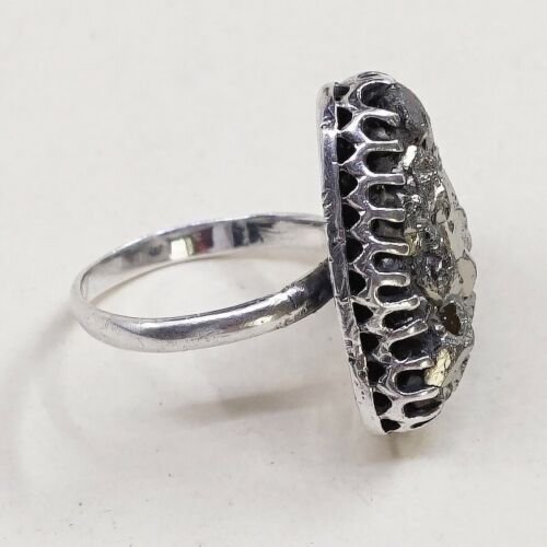 Sz 1.75, Vtg Sterling Silver Handmade Ring w/ Golden druzy quartz, Silver Tesyed