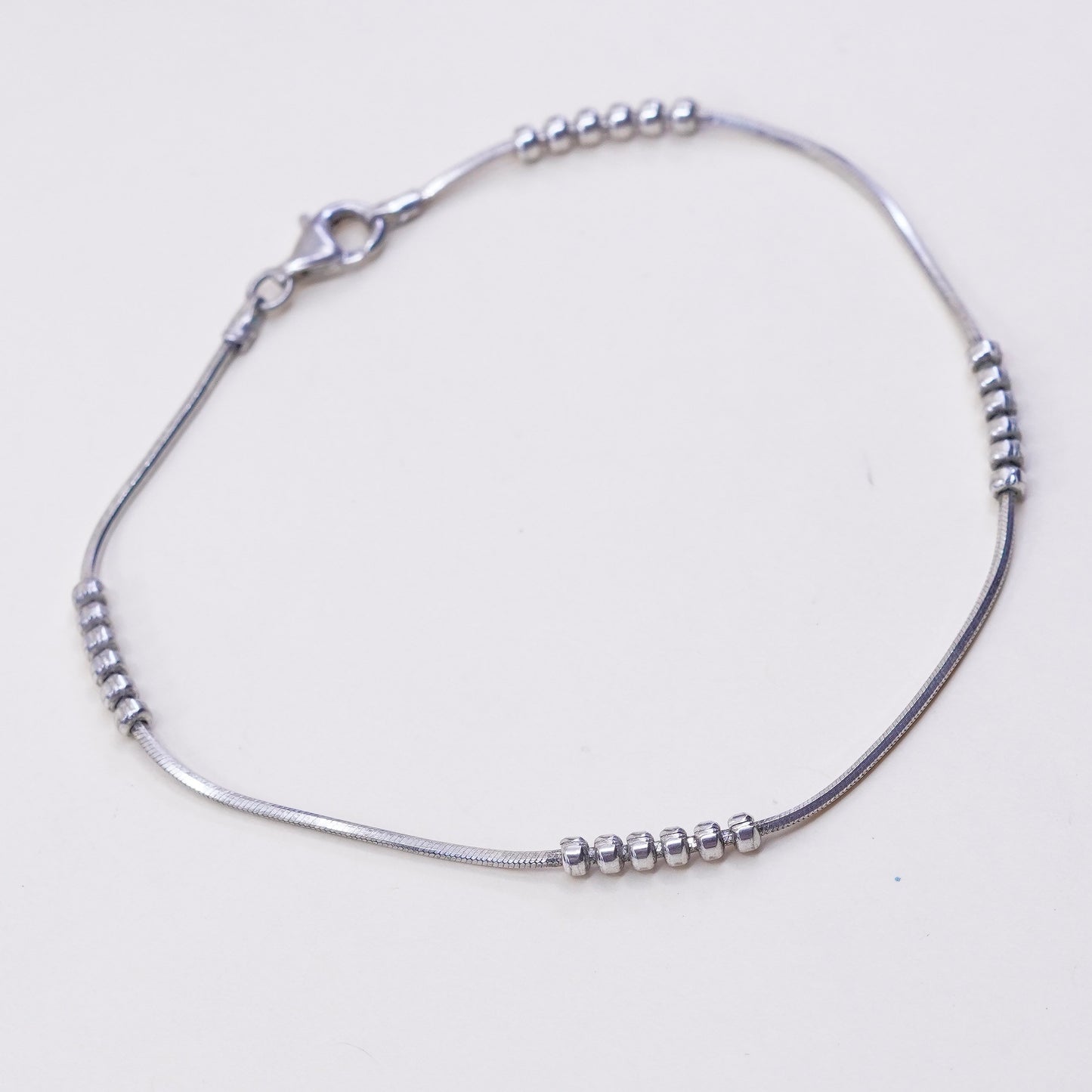 9”, 1mm, Vintage sterling silver bracelet, 925 snake chain with beads