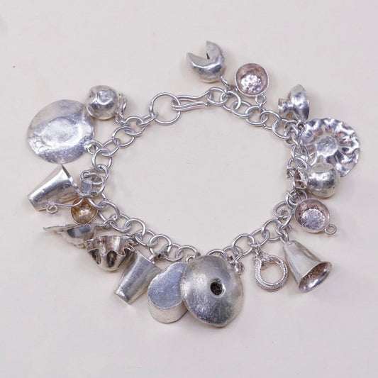 6.75”, sterling silver Handmade circle bracelet w/ cheese pot hat cup sombrero