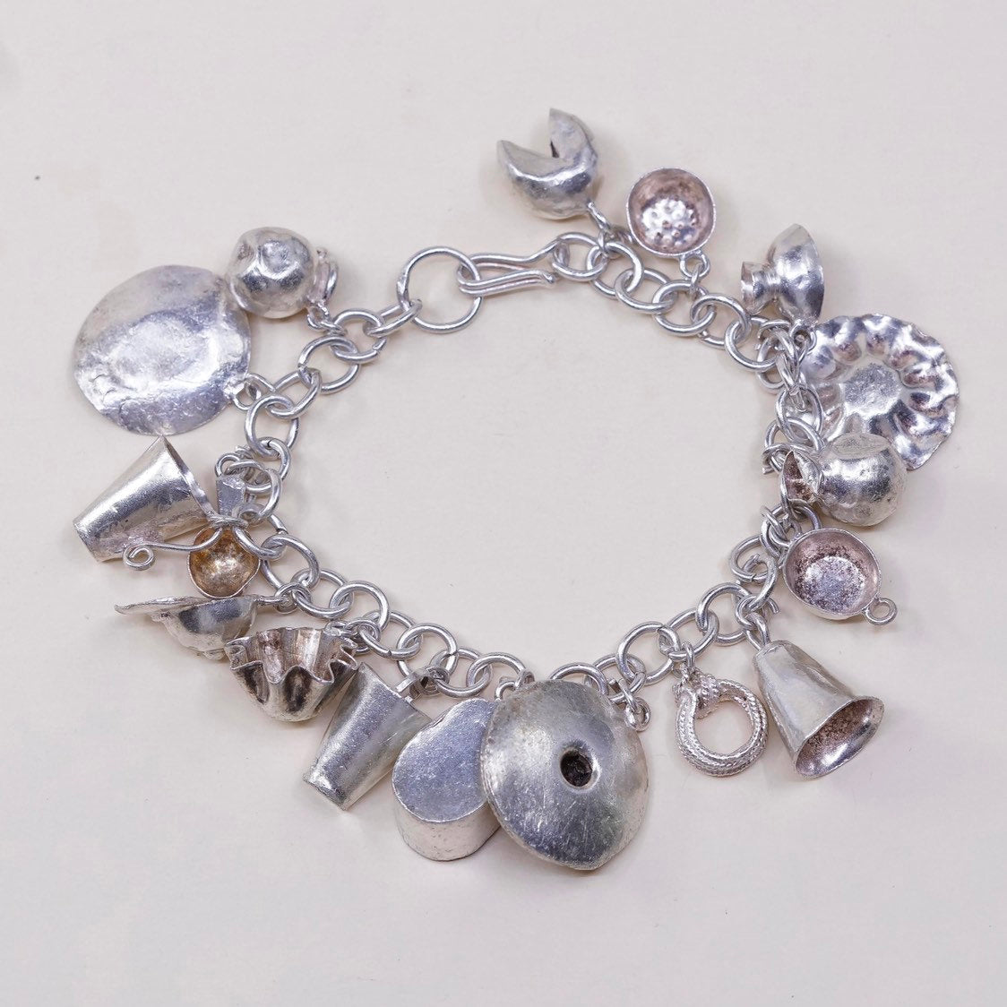 6.75”, sterling silver Handmade circle bracelet w/ cheese pot hat cup sombrero