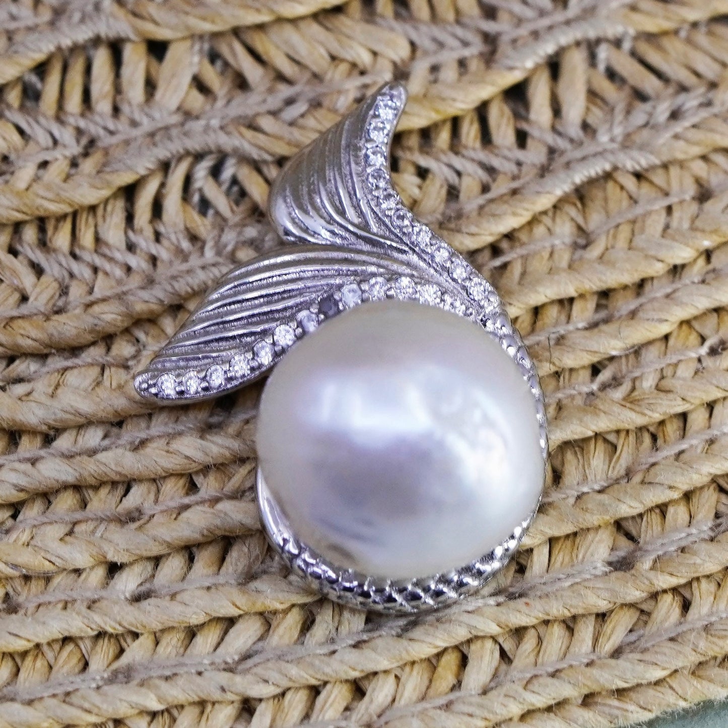 Vintage Sterling 925 silver double heart fish mermaid tail pendant w/ pearl cz