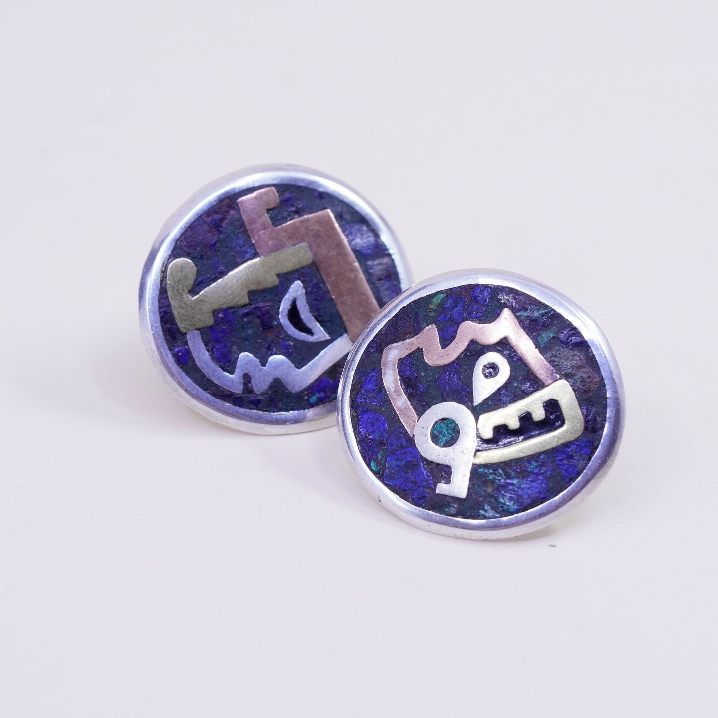 hecho en taxco triple tone sterling 925 silver screw back earrings with lapis