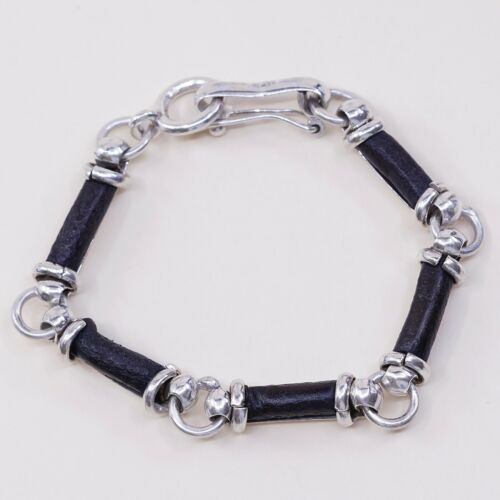 6.5”, Vtg Mexico Sterling 925 Silver Handmade Bracelet, Black Leather Link