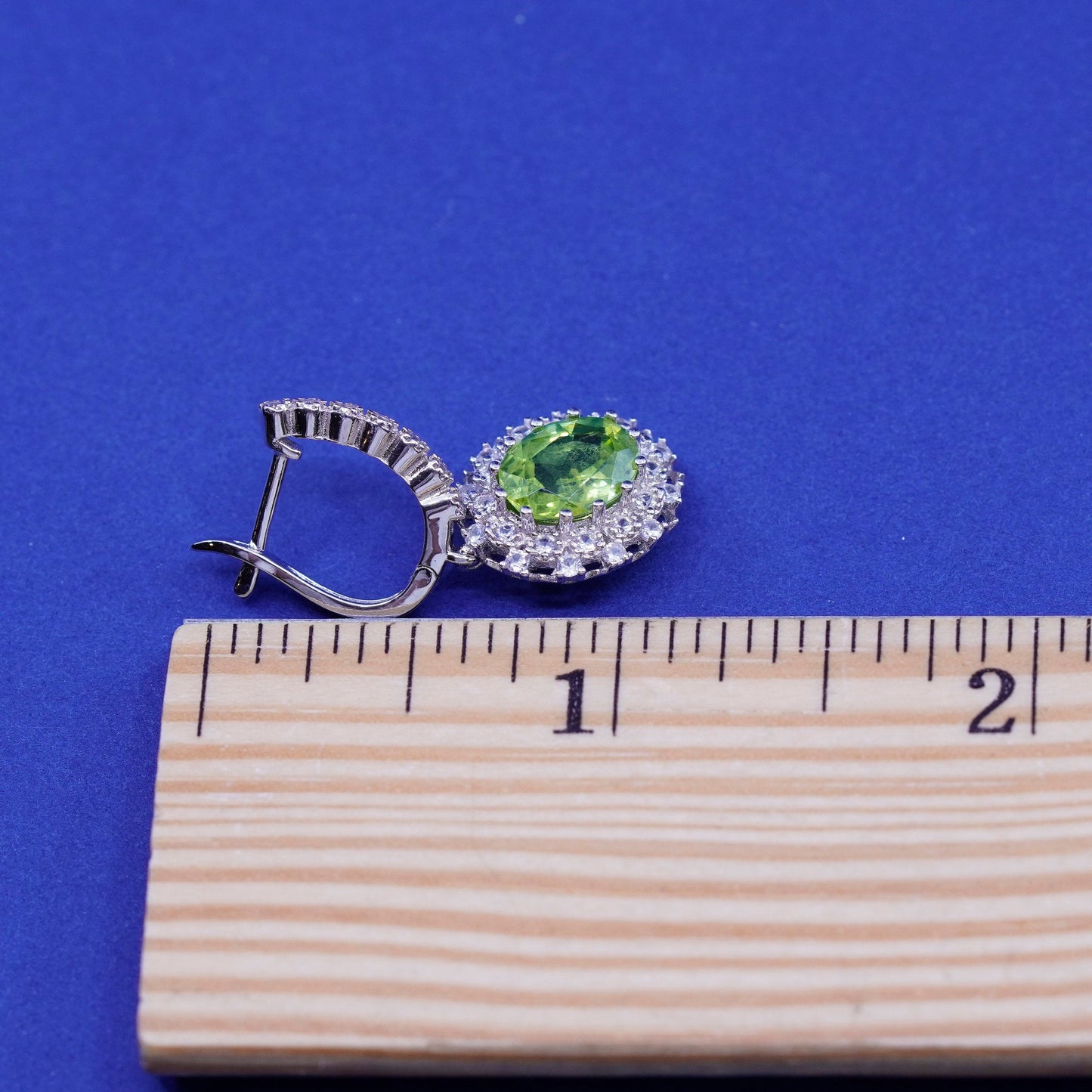 Vintage sterling 925 silver handmade huggie earrings with peridot and cz around