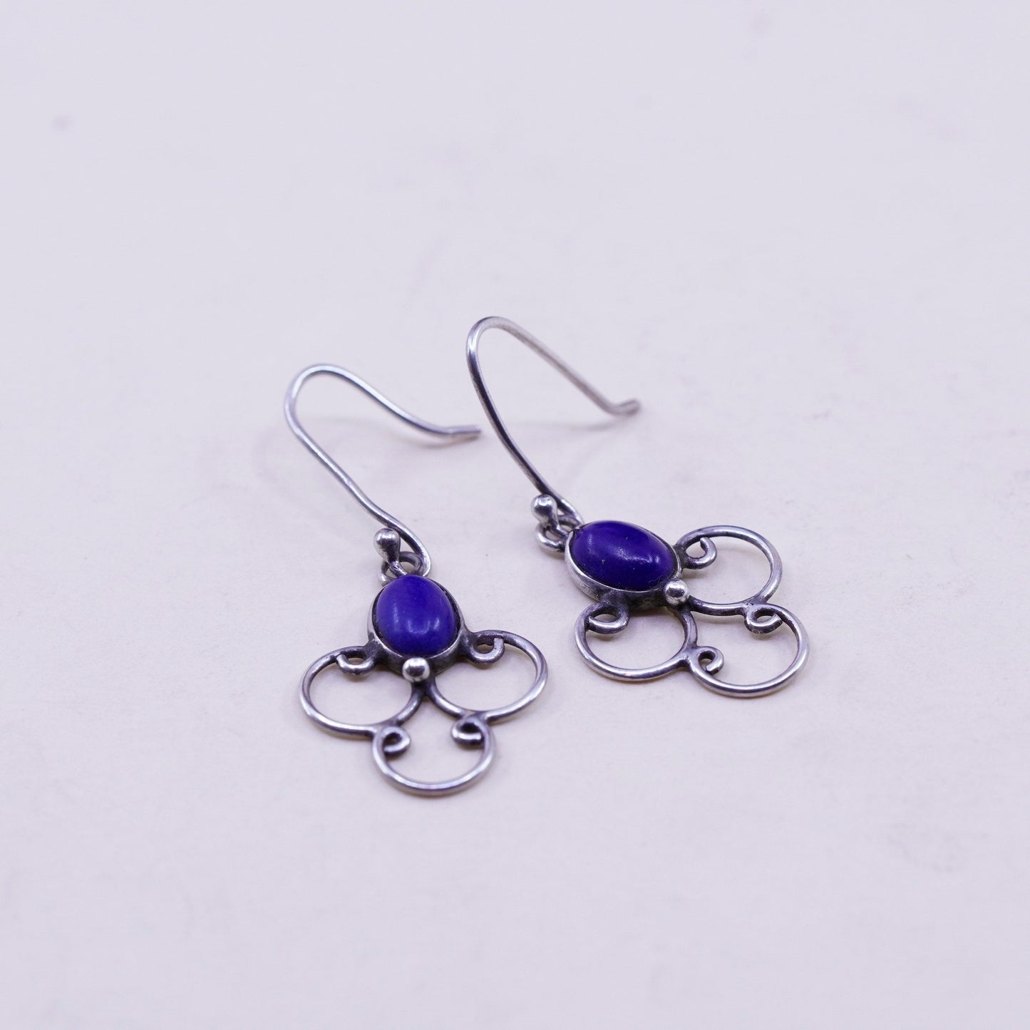 Vintage Sterling 925 Silver Handmade earrings with oval lapis lazuli inlay