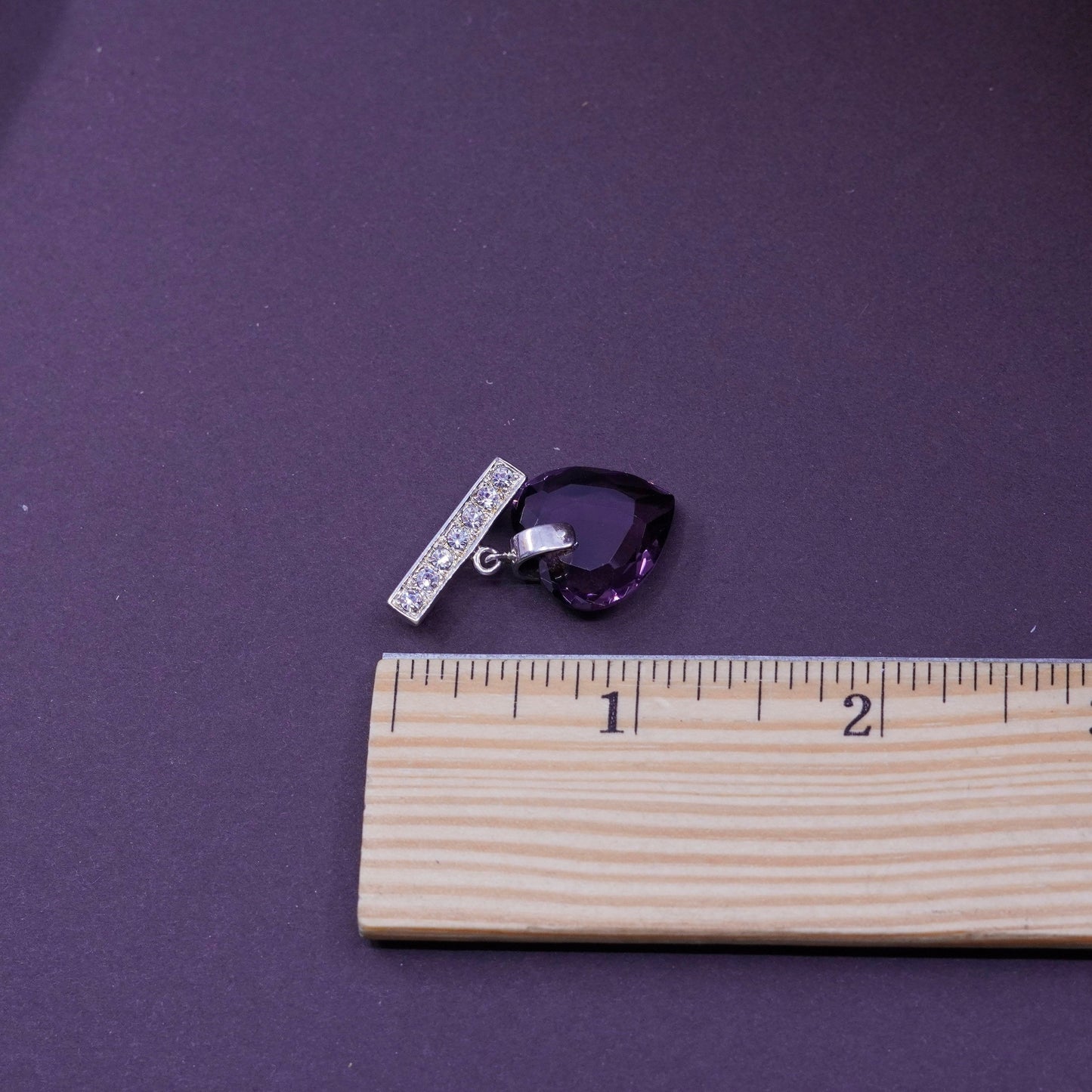 Vintage handmade sterling 925 silver brooch with heart purple Crystal and Cz