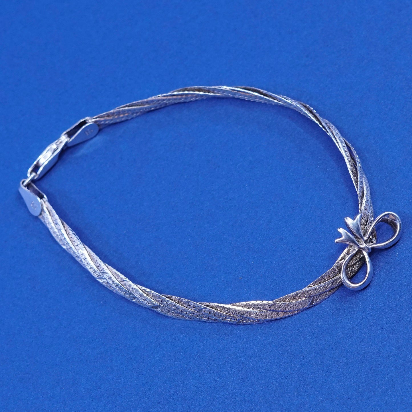 7”, Sterling silver handmade bracelet 925 twisted herringbone w/ bow tie ribbon