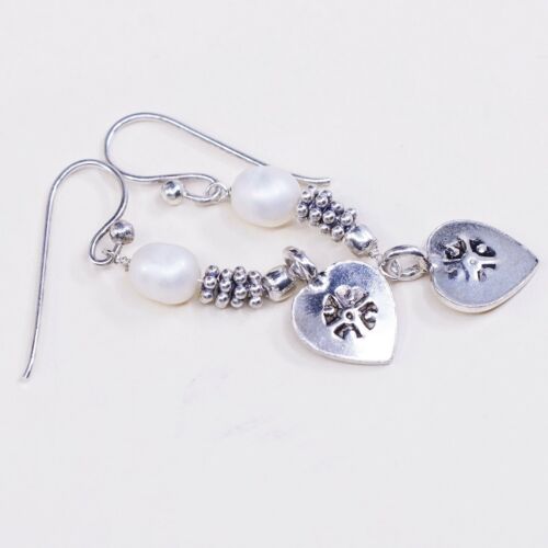 Vintage Southwestern handmade Sterling 925 Silver Heart Earrings w/ Pearl Beads