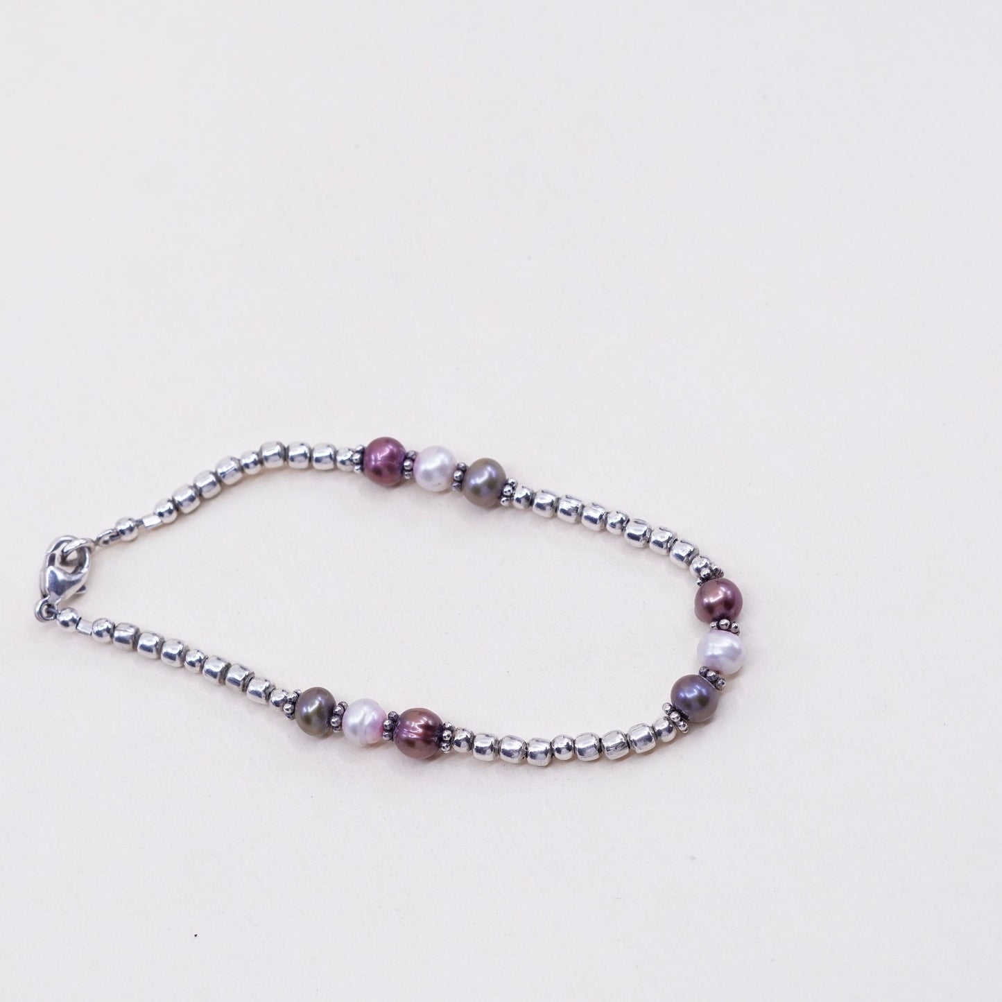 7”, vtg sterling silver handmade bracelet, 925 beads with black and white pearl