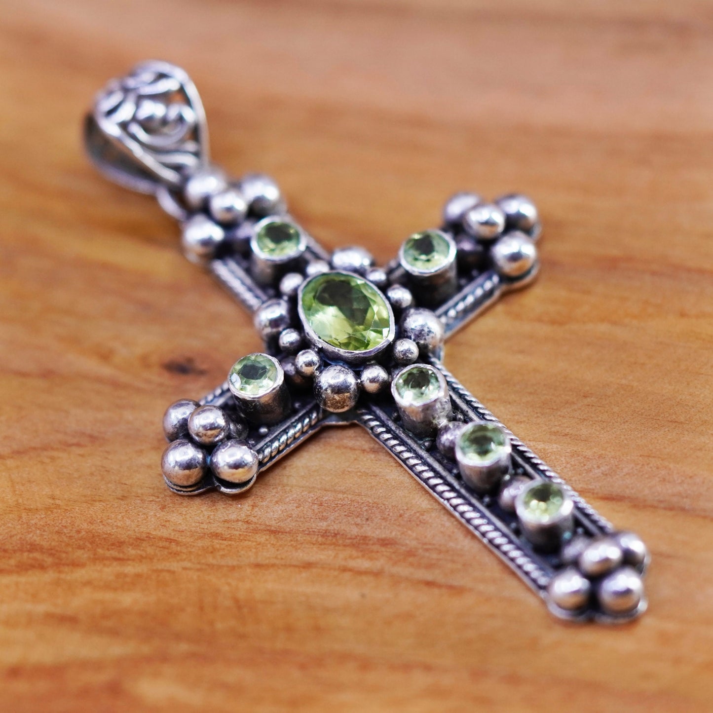 Vintage Sterling 925 silver handmade cross pendant with peridot and beads