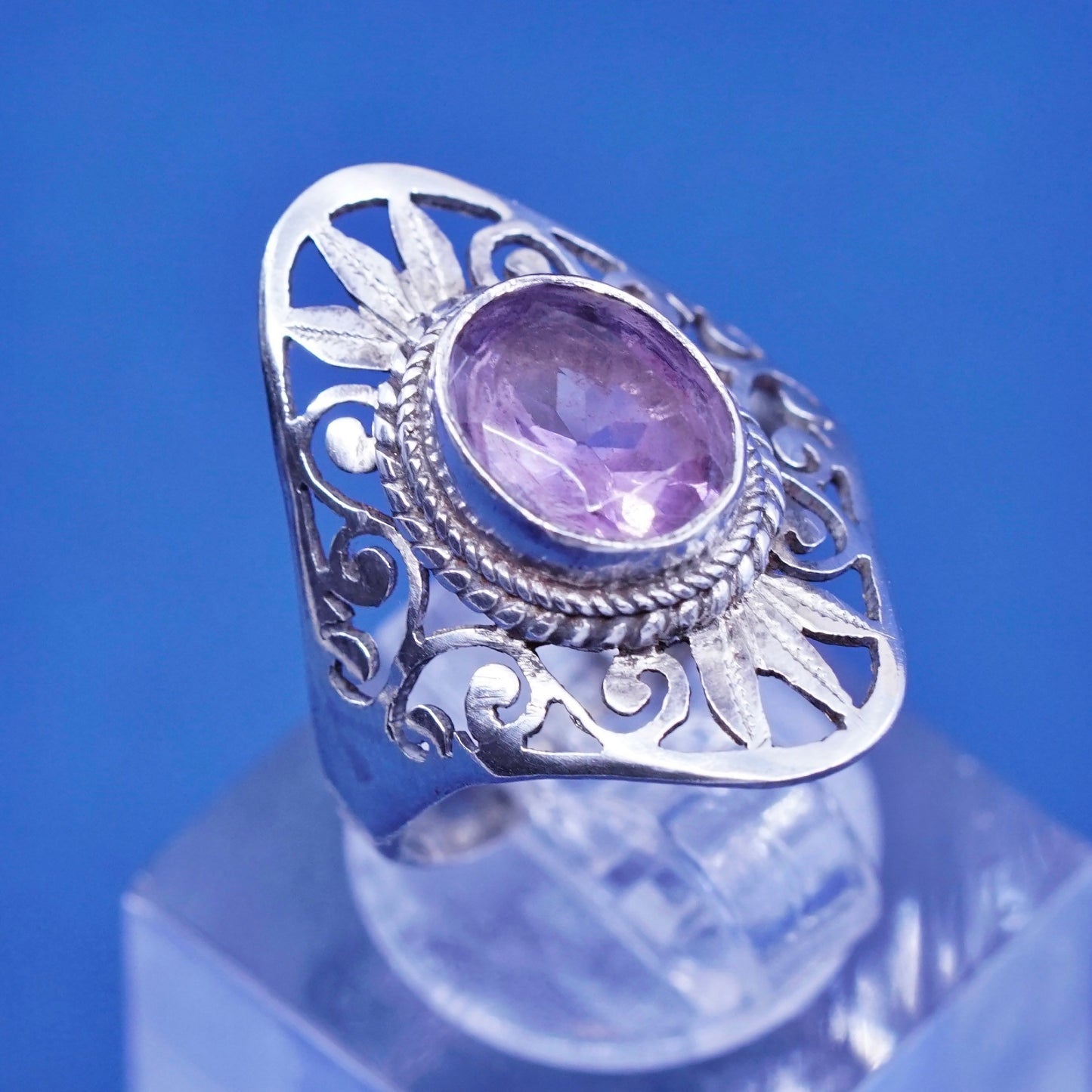 Size 6 Vintage Sterling 925 silver filigree handmade ring with amethyst