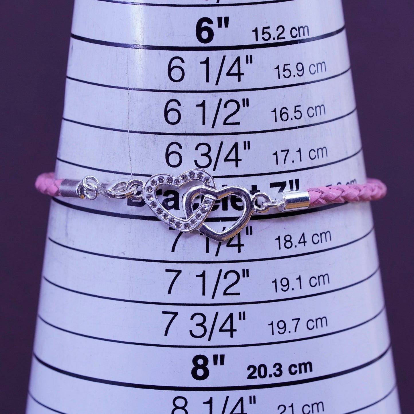 7”, braided woven leather bracelet with sterling 925 silver double heart charm