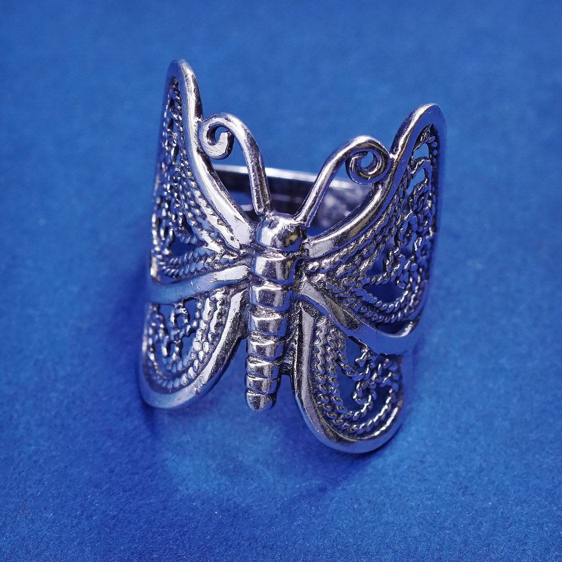 sz 5.5, vtg sterling silver handmade ring, 925 filigree butterfly band