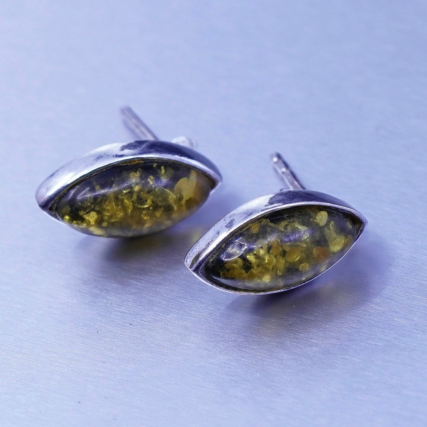 Vintage Sterling 925 silver handmade earrings, Marquise amber studs