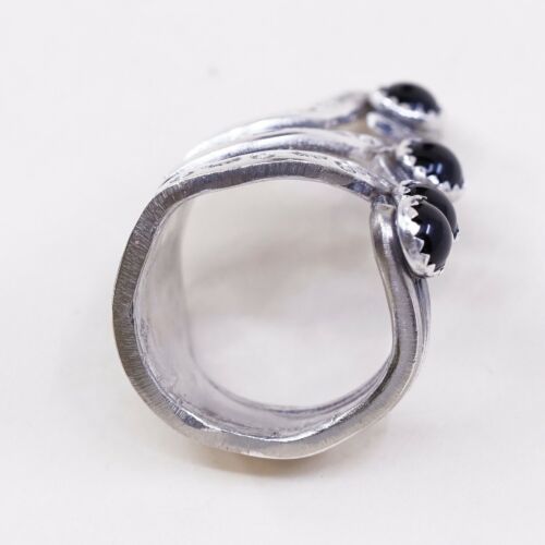 Sz 10 Southwestern Handmade WM Rogers Spoon Ring, Silver Plated Band W Obsidian