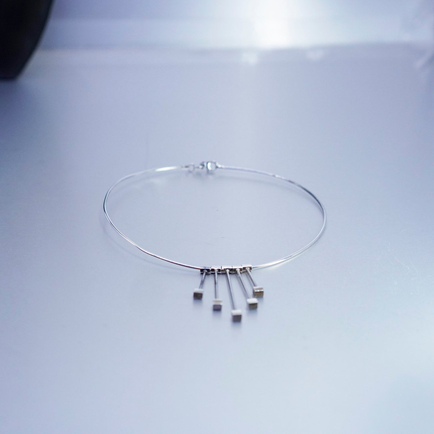 13”, Sterling 925 silver handmade choker collar necklace cube fringe pendant