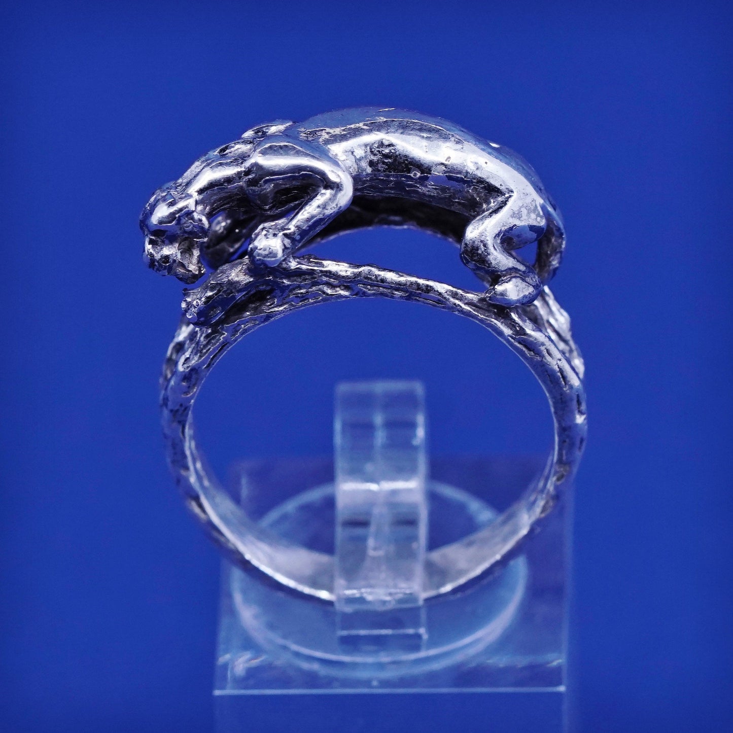 Size 9.75, vintage sterling silver handmade ring, 925 leopard figure band