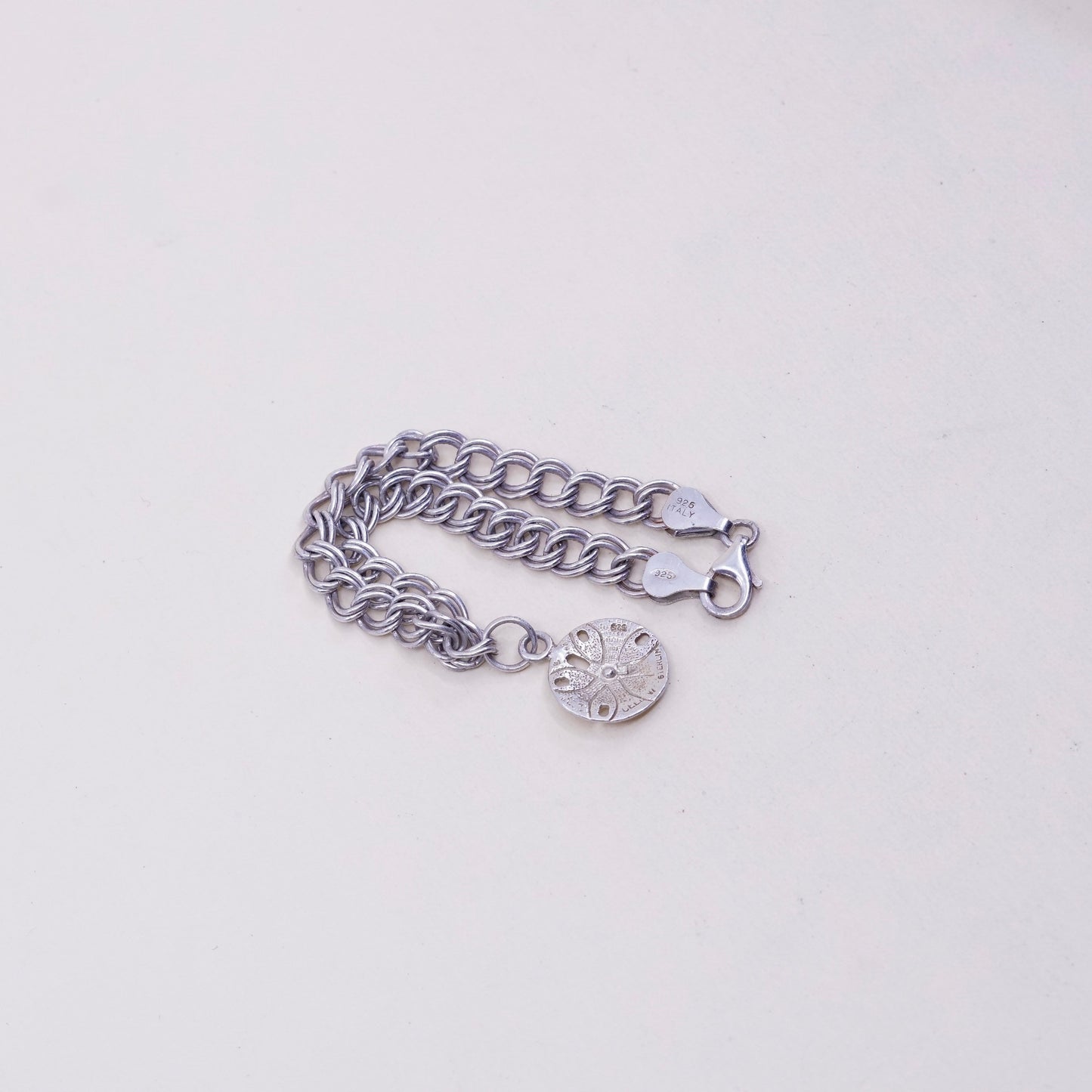 6.75”, sterling silver double curb chain, 925 bracelet w/ sand dollar charm