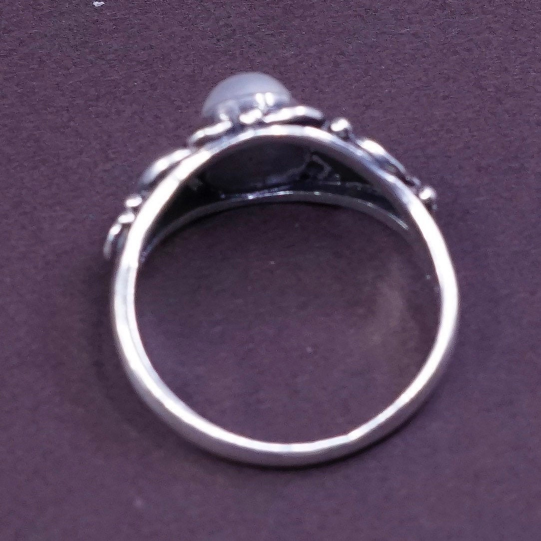 sz 8.5, vtg Sterling silver handmade ring, 925 w/ white tiger eye N beads