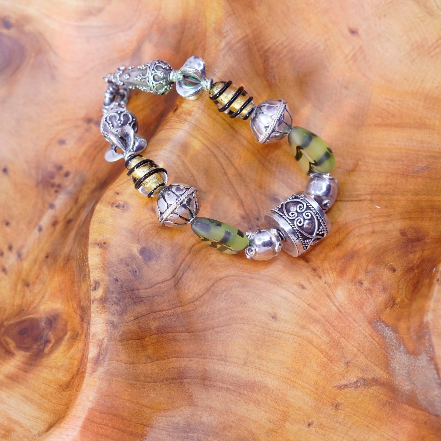 6.25”, sterling silver handmade bracelet, heart glass bracelet w/ 925 bail bead