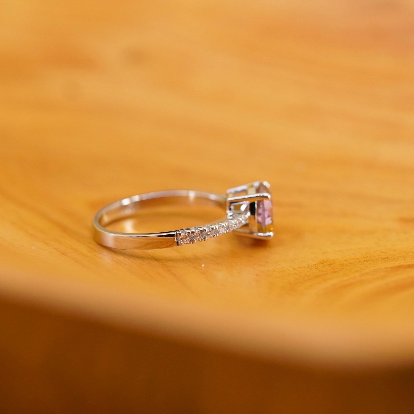 Size 8.5, vintage Sterling 925 silver engagement ring with pink and clear cz