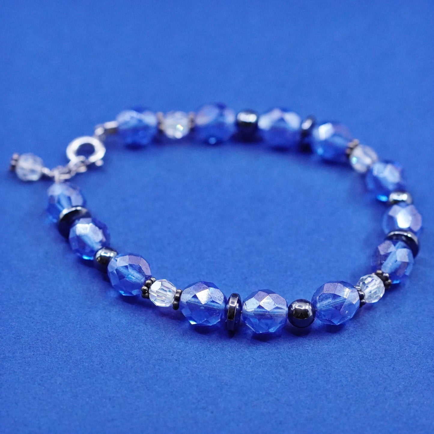 6.75”, sterling silver handmade bracelet, 925 clasp with blue crystal beads