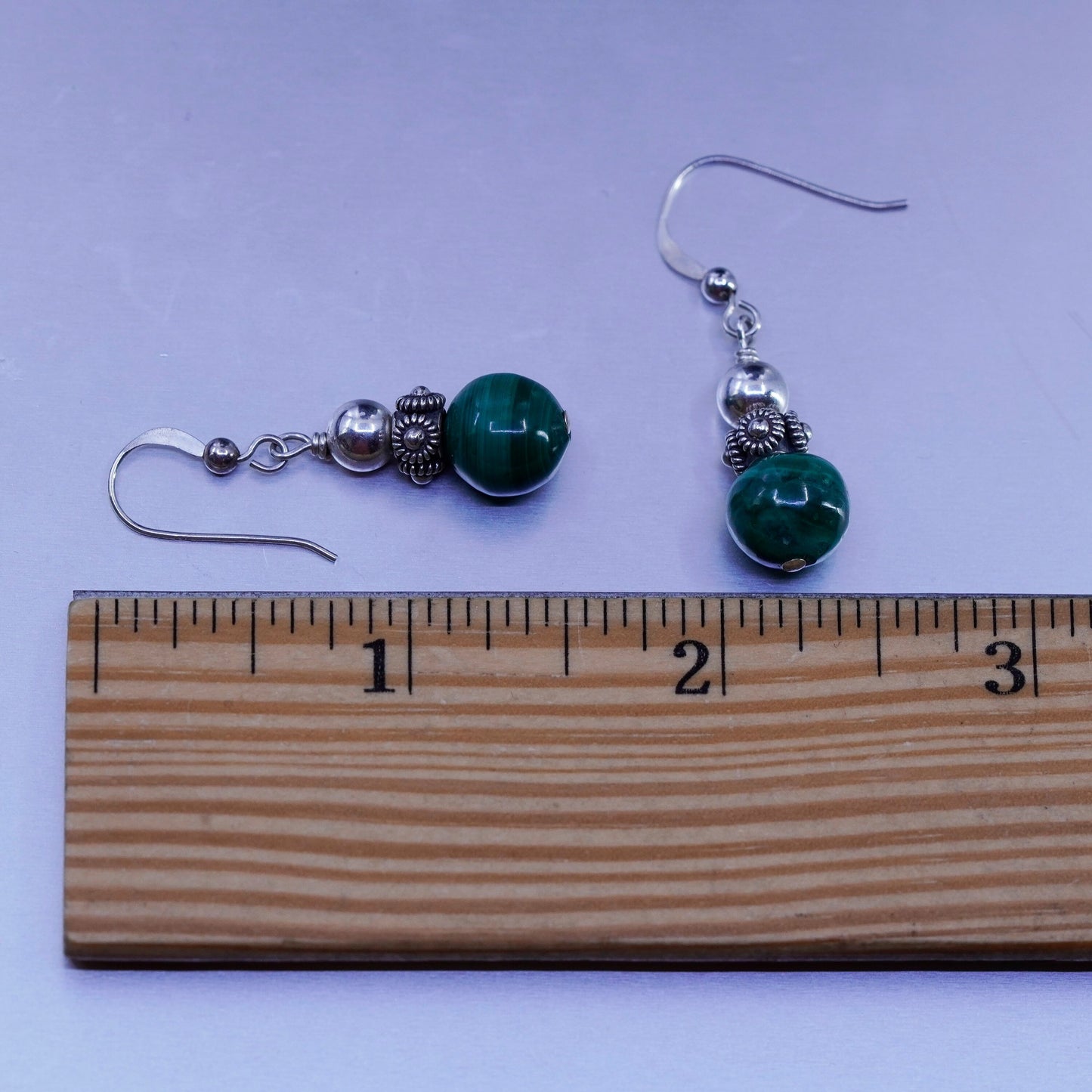 Vintage Sterling 925 silver handmade earrings with malachite beads and flowers