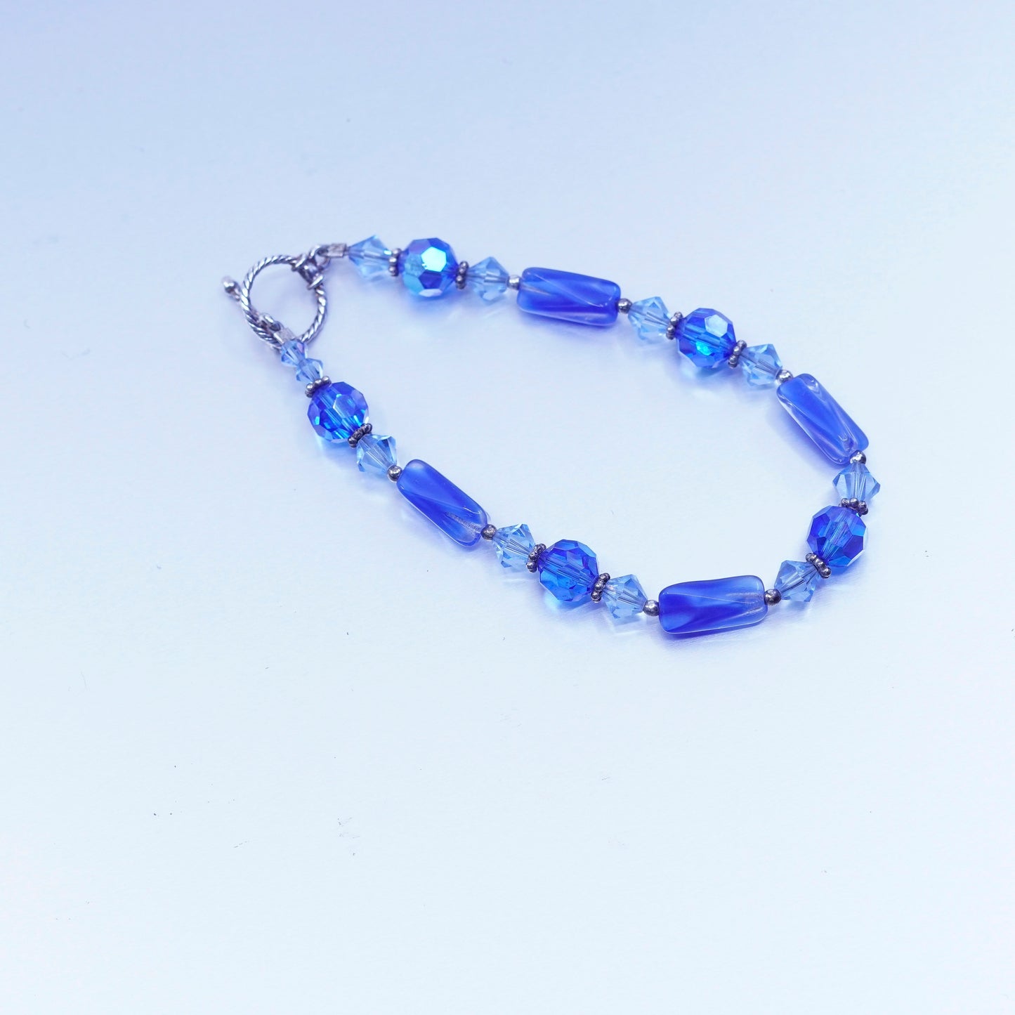 7”, vintage Sterling 925 silver bracelet with blue crystal beads toggle closure