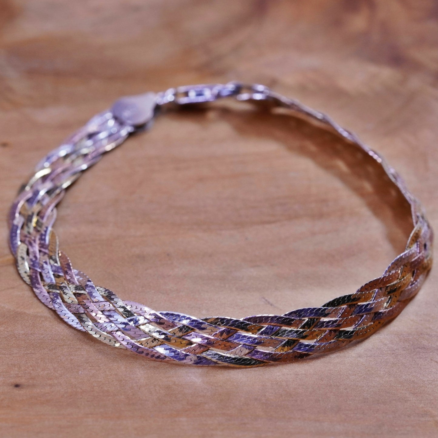 7.5” vermeil gold over triple tone Sterling silver braided herringbone bracelet